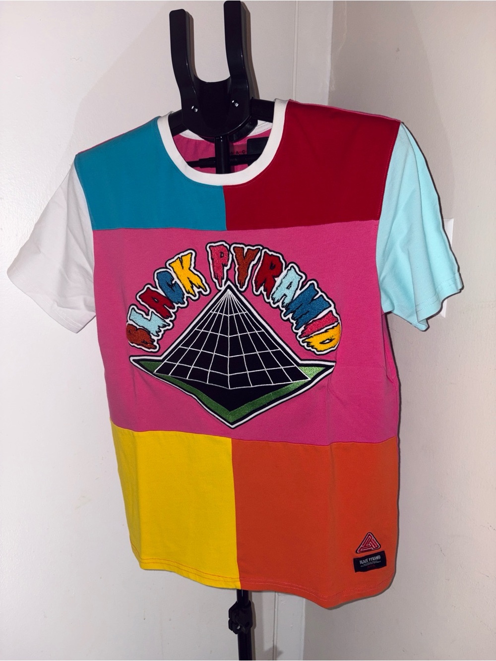 Black Pyramid Embroidered Letters Colorblock Logo Tee - Pink Multi